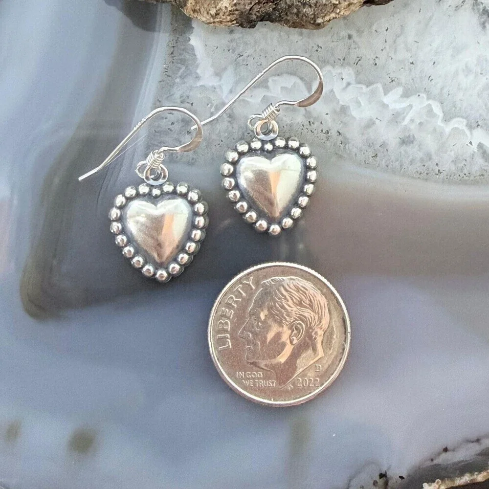 Sterling Silver Southwestern Style Tiny Heart Dangle Earrings For Women
